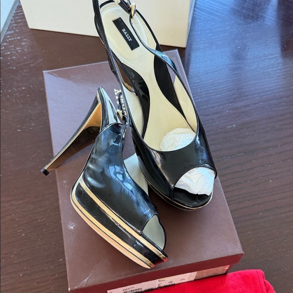 Bally Glossy Black Peep-Toe Heels